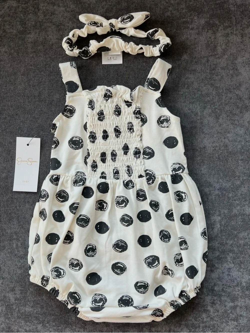 NWT Jessica Simpson Black Dot Bow Romper and Headband Size 12 Months